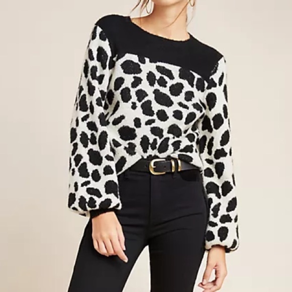 Anthropologie Black Spotted Print Sweater Acrylic Blend Soft